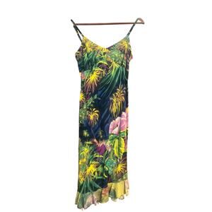 JAMS WORLD Vintage Y2K Midi Slip Dress Asymmetric Hem Medium M Hibiscus Forest